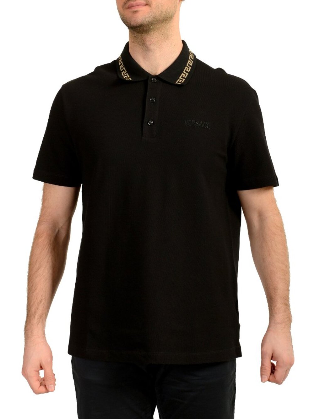 Versace Men's Gold Embroidery Black Short Sleeve Polo Shirt US XL IT 54